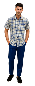 Mens Plaid Walking Suit in Royal by Dreams by Zacchi – 2 Piece Leisure Outfit with Matching Shirt and Pants - $99