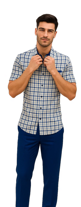 Mens Plaid Walking Suit in Royal by Dreams by Zacchi – 2 Piece Leisure Outfit with Matching Shirt and Pants - $99