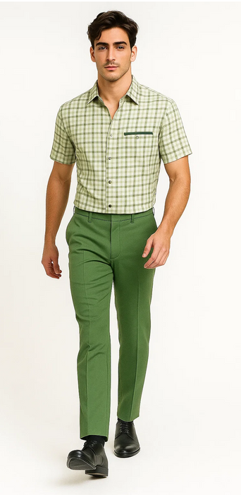 Mens Plaid Walking Suit in Sage by Dreams by Zacchi – 2 Piece Leisure Outfit with Matching Shirt and Pants - $99
