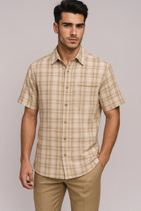 Mens Plaid Walking Suit in Tan by Dreams by Zacchi – 2 Piece Leisure Outfit with Matching Shirt and Pants - $99