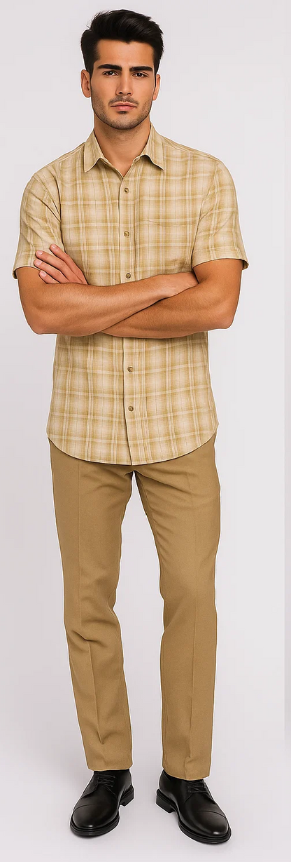 Mens Plaid Walking Suit in Tan by Dreams by Zacchi – 2 Piece Leisure Outfit with Matching Shirt and Pants - $99