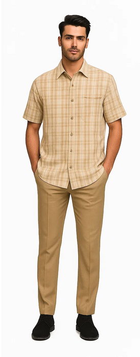 Mens Plaid Walking Suit in Tan by Dreams by Zacchi – 2 Piece Leisure Outfit with Matching Shirt and Pants - $99
