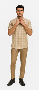 Mens Plaid Walking Suit in Tan by Dreams by Zacchi – 2 Piece Leisure Outfit with Matching Shirt and Pants - $99