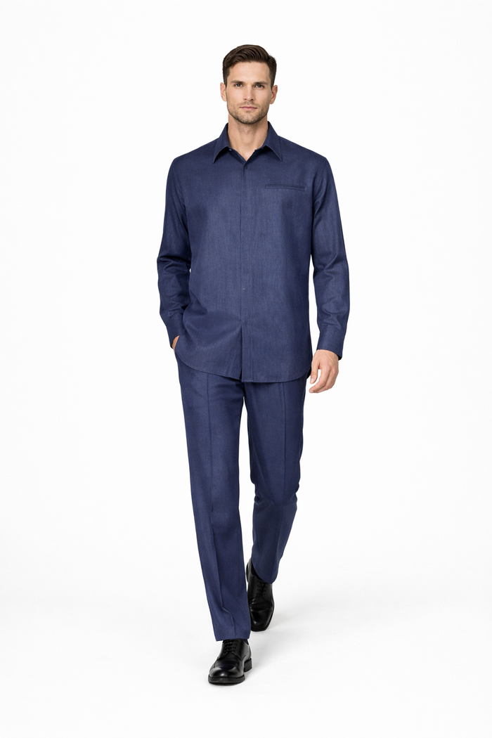 Men's Plain Long Sleeve Casual Walking Blue Suit