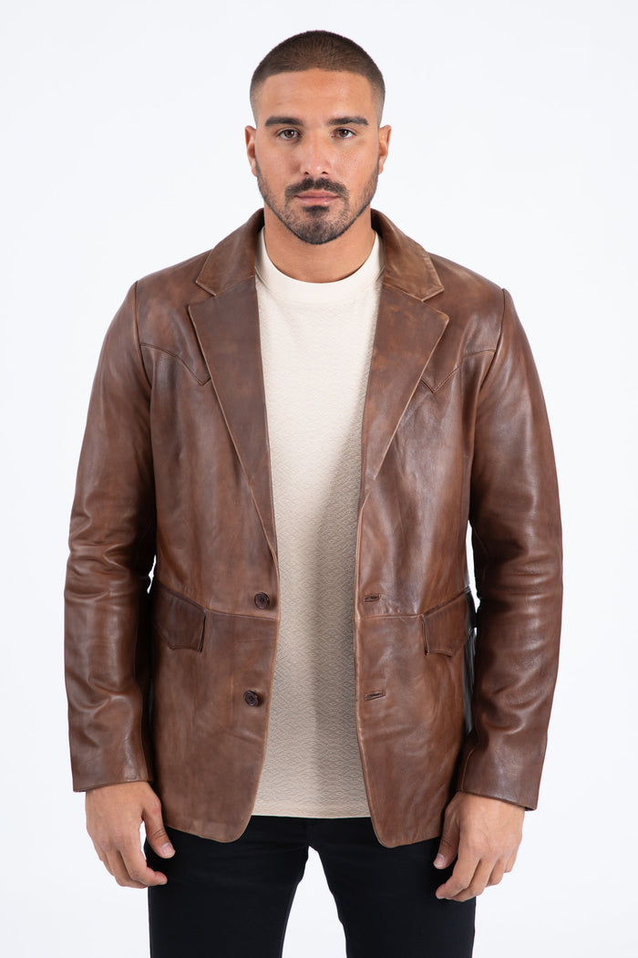 Mens Platini Western Leather Jacket Brown - Vintage Cowboy Style