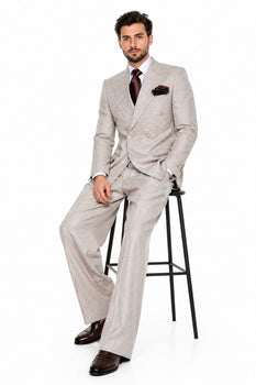 Suits With Baggy Pleated Pants - Wide Leg Pants 100% Wool - Classic Fit in Light Brown Color by Rossiman
