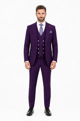 Men's Plum Statement Ticket Pocket Peak Lapel Wool Double Breasted Vest Suit with Silver Buttons – Modern Fit