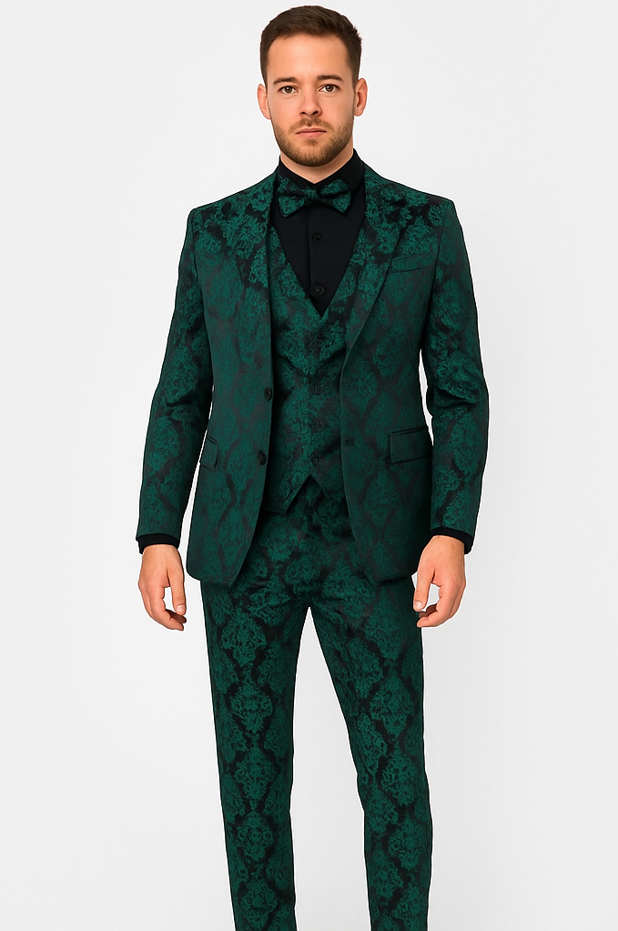 slim fit dress slacks Mens Prom Tuxedo Paisley Suit - Wedding Floral Suit- Hunter
