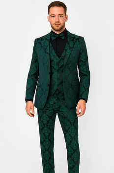 Mens Prom Tuxedo Paisley Suit - Wedding Floral Suit- Hunter - Emerald Green Wedding Jacket + Vest + Pants