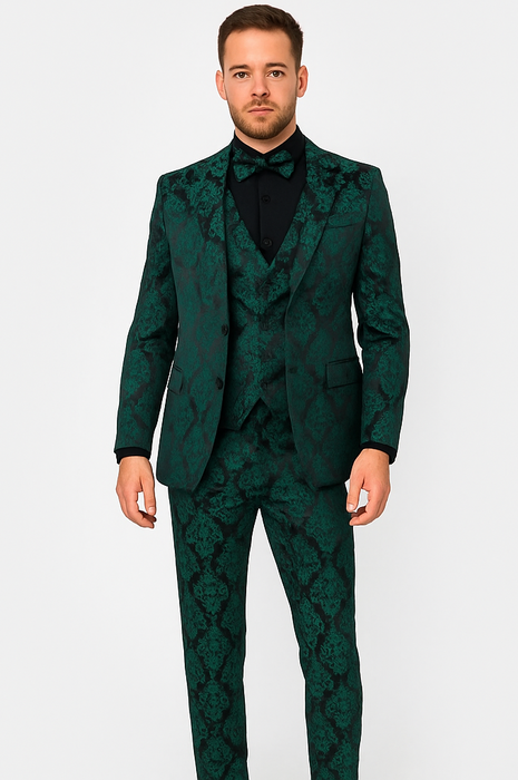 Mens Prom Tuxedo Paisley Suit - Wedding Floral Suit- Hunter - Emerald Green Wedding Jacket + Vest + Pants