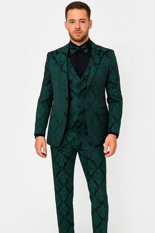 Mens Prom Tuxedo Paisley Suit - Wedding Floral Suit- Hunter - Emerald Green Wedding Jacket + Vest + Pants