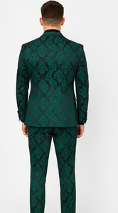 Mens Prom Tuxedo Paisley Suit - Wedding Floral Suit- Hunter - Emerald Green Wedding Jacket + Vest + Pants