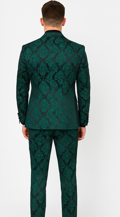 Mens Prom Tuxedo Paisley Suit - Wedding Floral Suit- Hunter - Emerald Green Wedding Jacket + Vest + Pants