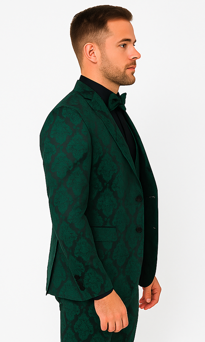 Mens Prom Tuxedo Paisley Suit - Wedding Floral Suit- Hunter - Emerald Green Wedding Jacket + Vest + Pants