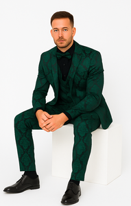 Mens Prom Tuxedo Paisley Suit - Wedding Floral Suit- Hunter - Emerald Green Wedding Jacket + Vest + Pants