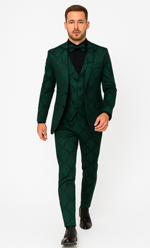 Mens Prom Tuxedo Paisley Suit - Wedding Floral Suit- Hunter - Emerald Green Wedding Jacket + Vest + Pants