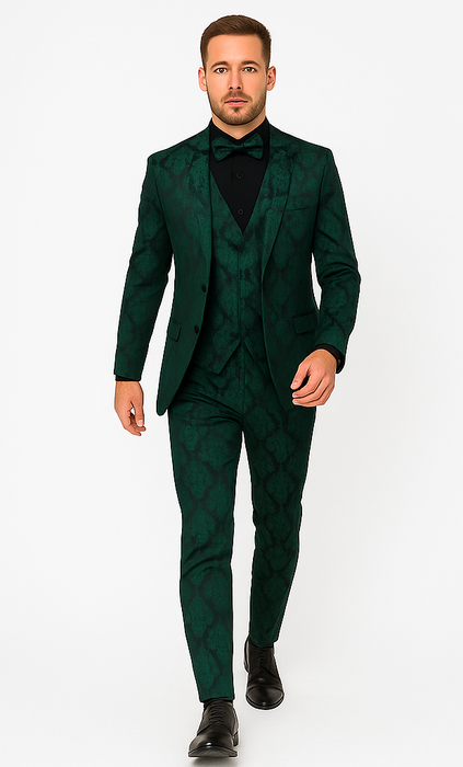 Mens Prom Tuxedo Paisley Suit - Wedding Floral Suit- Hunter - Emerald Green Wedding Jacket + Vest + Pants