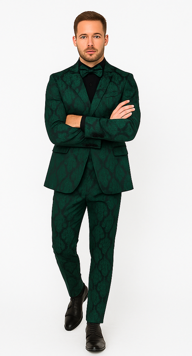 Mens Prom Tuxedo Paisley Suit - Wedding Floral Suit- Hunter - Emerald Green Wedding Jacket + Vest + Pants