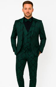 Mens Prom Tuxedo Paisley Suit - Wedding Floral Suit- Hunter - Emerald Green Wedding Jacket + Vest + Pants