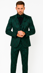 Mens Prom Tuxedo Paisley Suit - Wedding Floral Suit- Hunter - Emerald Green Wedding Jacket + Vest + Pants