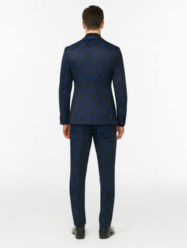 Mens Prom Tuxedo Paisley Suit - Wedding Floral Suit- Midnight - Royal - Navy Blue Wedding Jacket + Vest + Pants