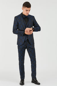 Mens Prom Tuxedo Paisley Suit - Wedding Floral Suit- Midnight - Royal - Navy Blue Wedding Jacket + Vest + Pants