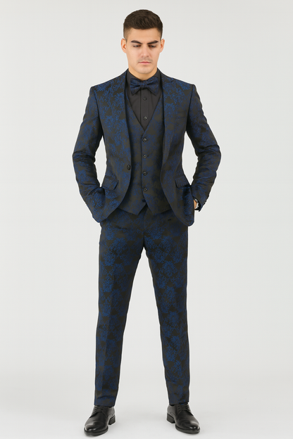 Mens Prom Tuxedo Paisley Suit - Wedding Floral Suit- Midnight - Royal - Navy Blue Wedding Jacket + Vest + Pants