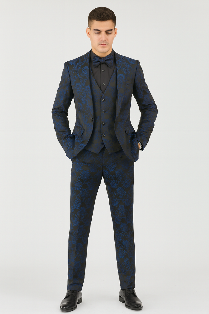 Mens Prom Tuxedo Paisley Suit - Wedding Floral Suit- Midnight - Royal - Navy Blue Wedding Jacket + Vest + Pants