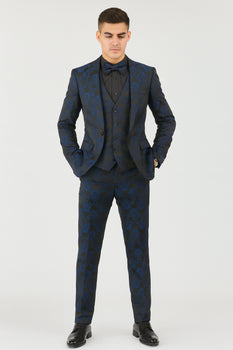 Mens Prom Tuxedo Paisley Suit - Wedding Floral Suit- Midnight - Royal - Navy Blue Wedding Jacket + Vest + Pants