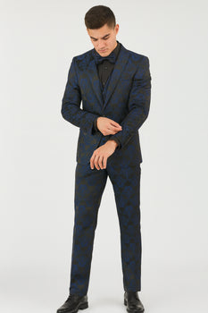 Mens Prom Tuxedo Paisley Suit - Wedding Floral Suit- Midnight - Royal - Navy Blue Wedding Jacket + Vest + Pants