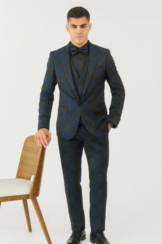 Mens Prom Tuxedo Paisley Suit - Wedding Floral Suit- Midnight - Royal - Navy Blue Wedding Jacket + Vest + Pants
