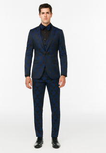 Mens Prom Tuxedo Paisley Suit - Wedding Floral Suit- Midnight - Royal - Navy Blue Wedding Jacket + Vest + Pants