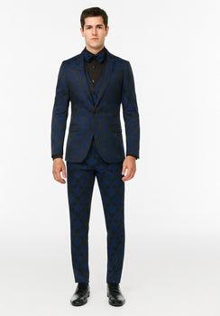 Mens Prom Tuxedo Paisley Suit - Wedding Floral Suit- Midnight - Royal - Navy Blue Wedding Jacket + Vest + Pants