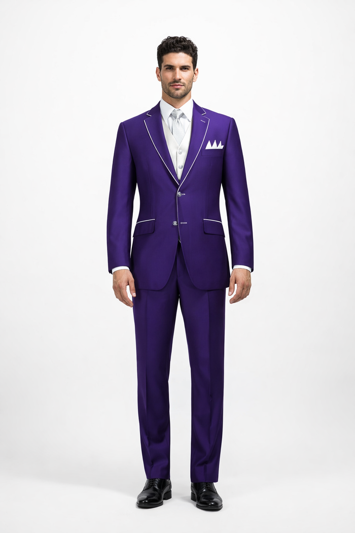 Men'S Purple And White Trim Lapel Tuxedo Suit Vested 3 Piece Two Toned