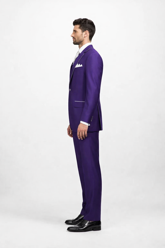 Men'S Purple And White Trim Lapel Tuxedo Suit Vested 3 Piece Two Toned - Image 4