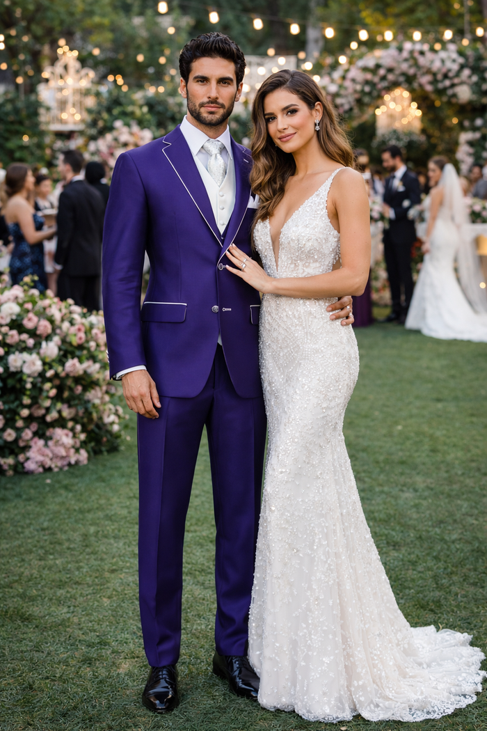 Men'S Purple And White Trim Lapel Tuxedo Suit Vested 3 Piece Two Toned - Image 8