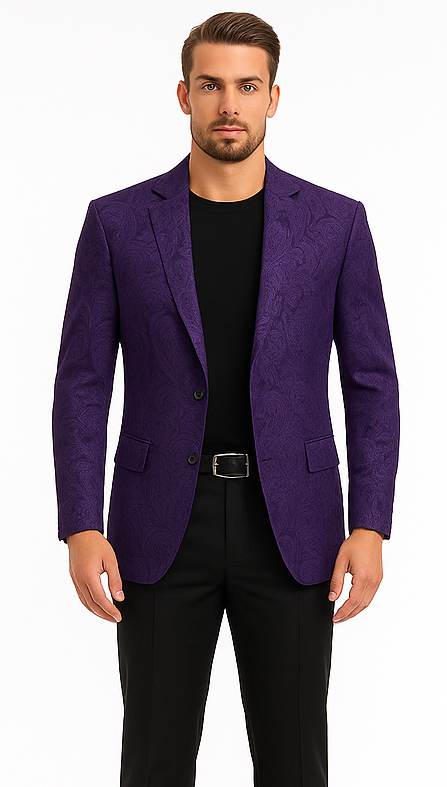 Mens Purple Paisley Blazer - Big and Tall Sport Coat With Bowtie