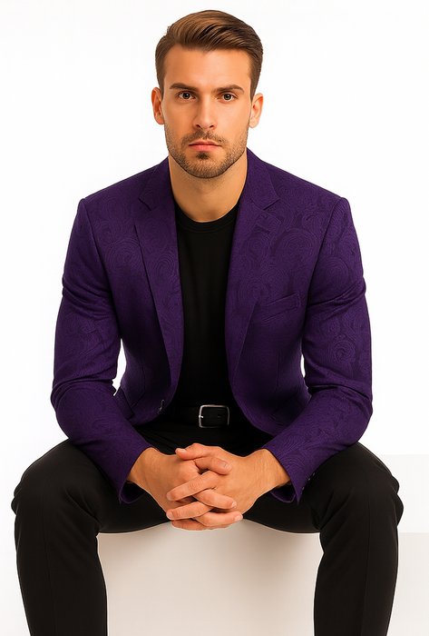 Mens Purple Paisley Blazer - Big and Tall Sport Coat With Bowtie