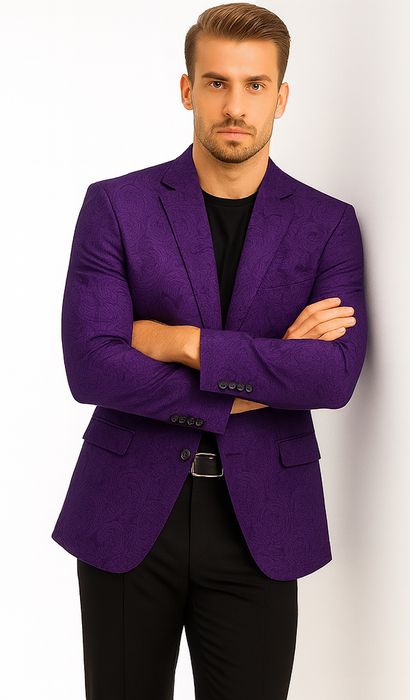 Mens Purple Paisley Blazer - Big and Tall Sport Coat With Bowtie