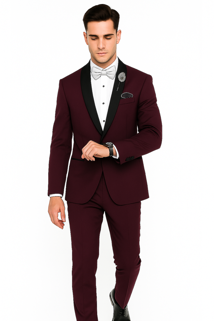 Men's Purple - Plum - Eggplant Jacket and Pants Two Button Shawl Lapel Tuxedo - Image 4