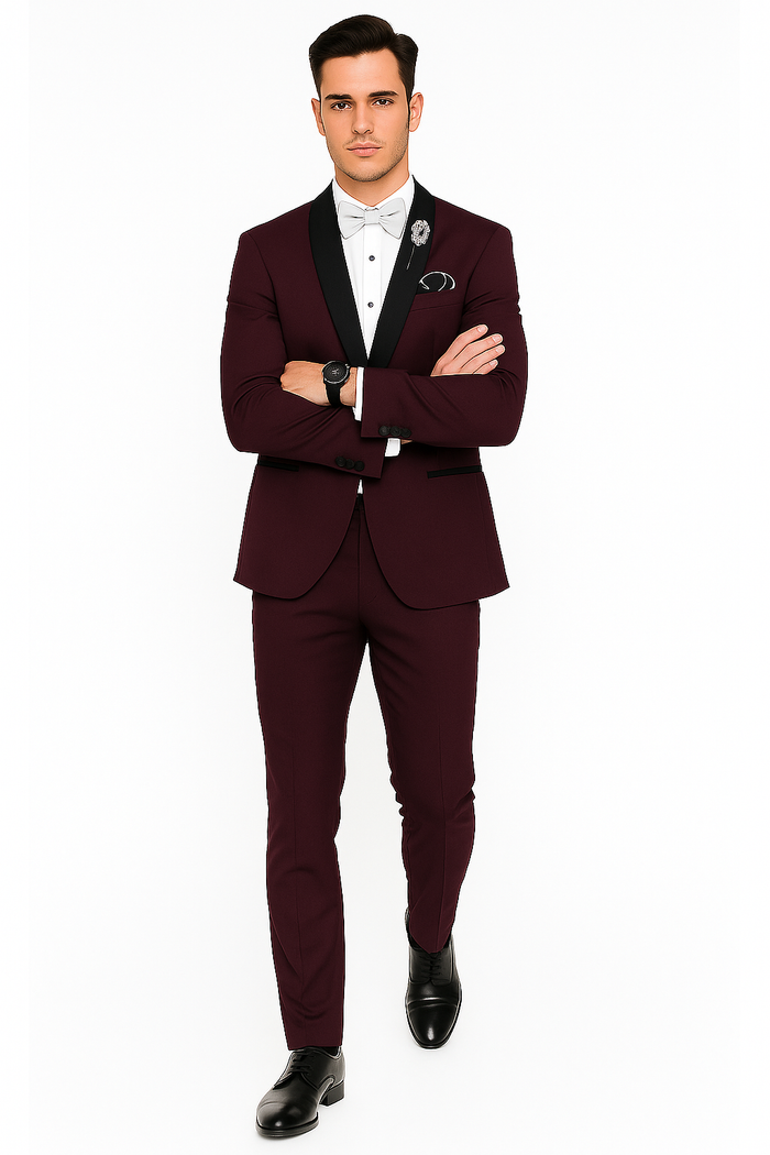 Men's Purple - Plum - Eggplant Jacket and Pants Two Button Shawl Lapel Tuxedo - Image 5