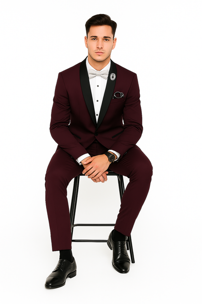 Men's Purple - Plum - Eggplant Jacket and Pants Two Button Shawl Lapel Tuxedo - Image 7