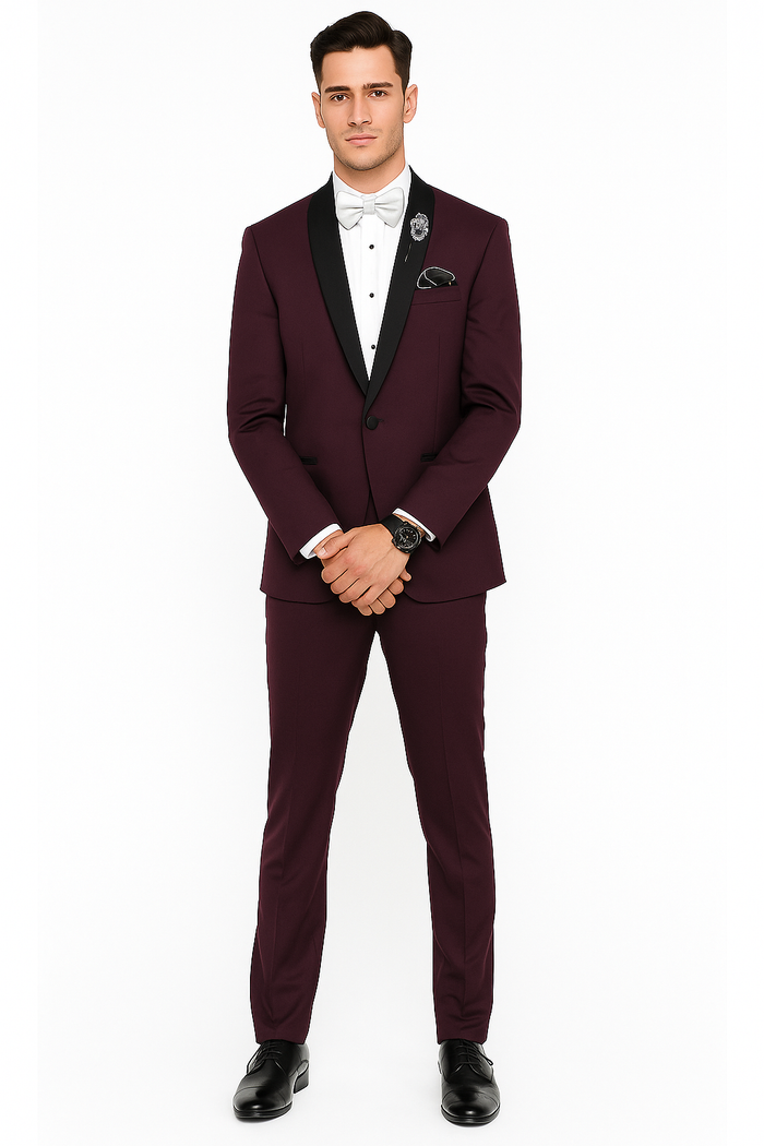 Men's Purple - Plum - Eggplant Jacket and Pants Two Button Shawl Lapel Tuxedo - Image 3