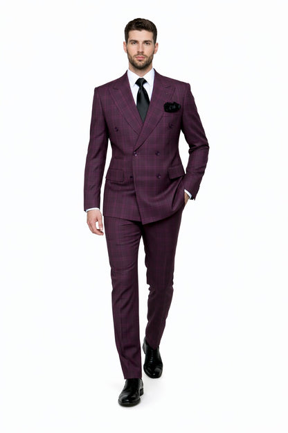 Slim Fit Double Breasted Raspberry Windowpane Formal Suit Rossi Man Milano RM1799