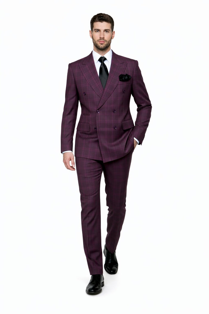 Slim Fit Double Breasted Raspberry Windowpane Formal Suit Rossi Man Milano RM1799