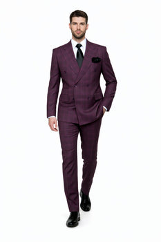 Slim Fit Double Breasted Raspberry Windowpane Formal Suit Rossi Man Milano RM1799