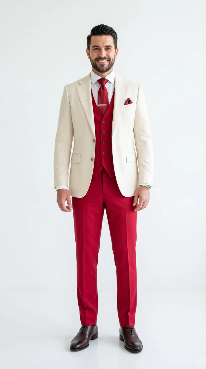 Men's Cream and Red 3 Piece Suit – Cream Blazer, Red Vest Suit and Red Pants