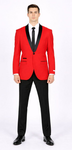 Men'S Red Dinner Jacket Suit And Black Lapel Formal Attire + Black Pants Fashion Tuxedos For Men - Red Tuxedo