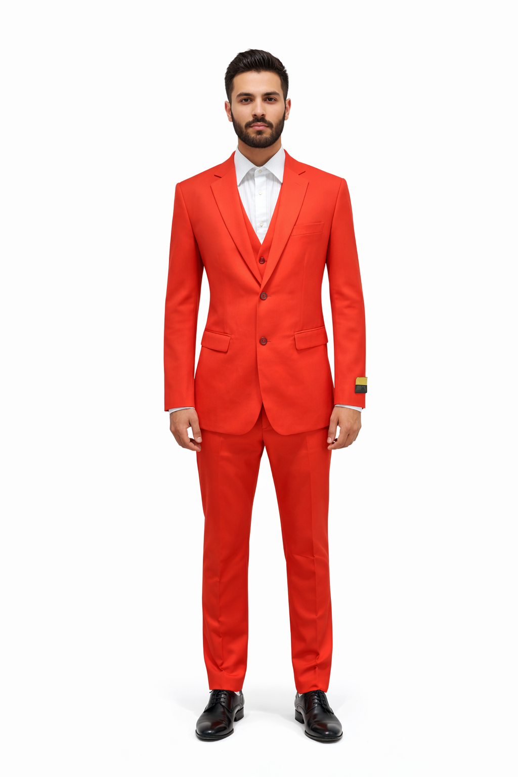 Men'S Red Flap Two Pockets Vested 3 Piece Suit