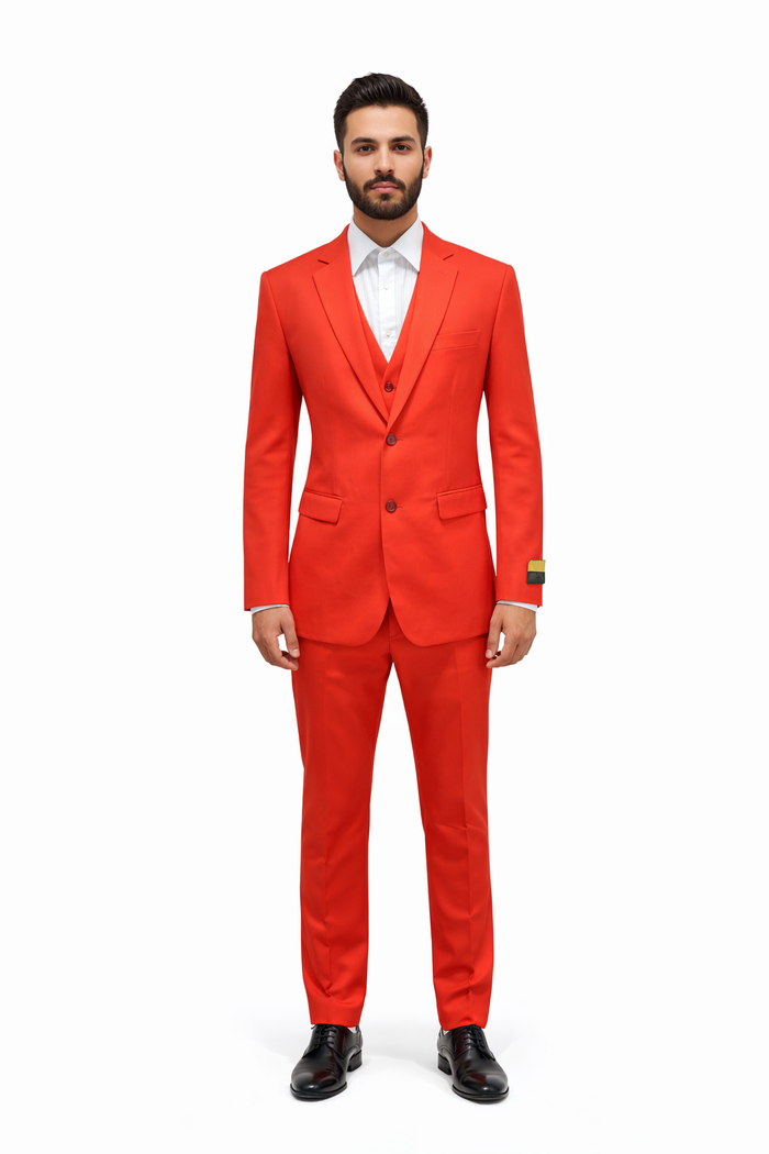 Men'S Red Flap Two Pockets Vested 3 Piece Suit